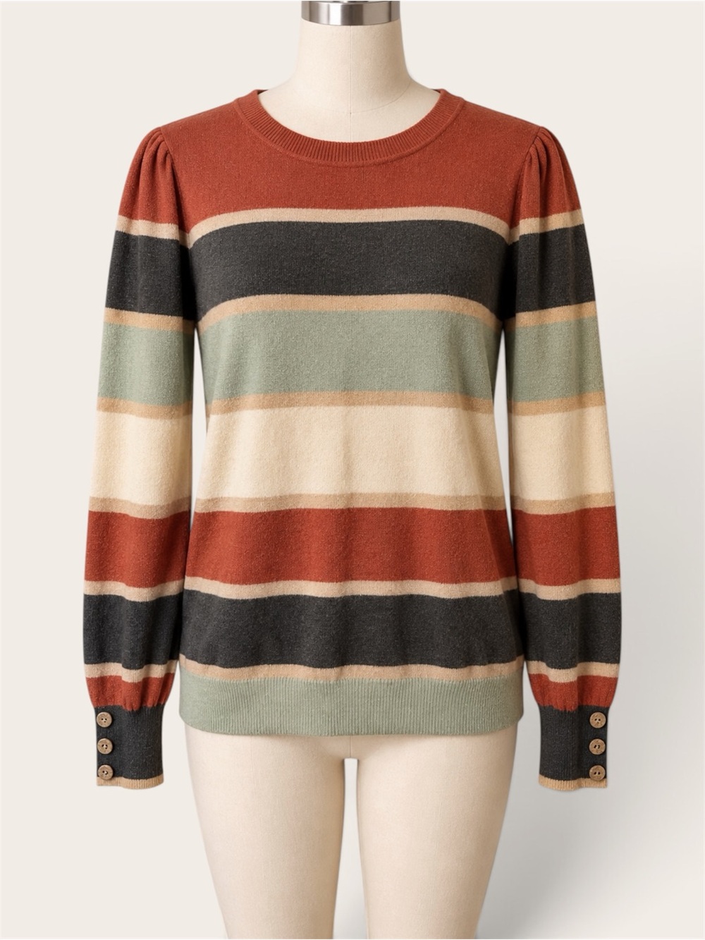 XIEERDUO Women’s L Multicolor Striped Puff Sleeve Button Cuff Sweater
